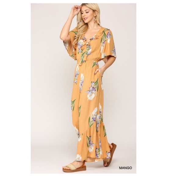 JUMPSUIT -FLORAL PRINT FLUTTER SLEEVE- RUFFLE BACK- KEYHOLE--NEW-MANGO - Picture 2 of 5